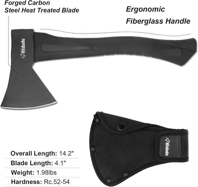 Hitdudu Camping Hatchet, 14" Camping Axe Throwing Axe for Outdoor Wood Splitting and Kindling, Forged Carbon Steel Heat Treated Survival Tool, Fiberglass Shock Reduction Handle with Anti-Slip Grip - Image 2